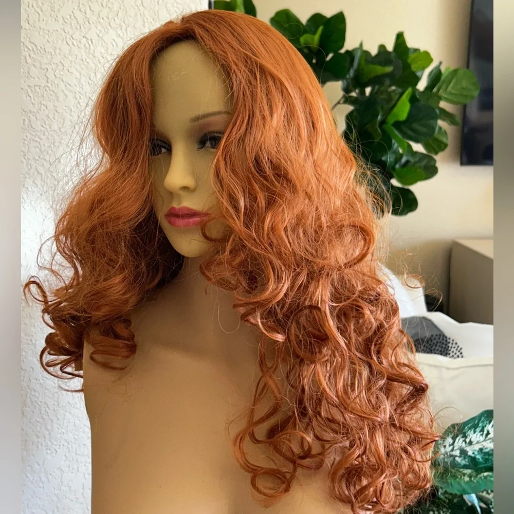 Halo Ginger Auburn Long Wavy Wig with Curtain Bangs Natural Middle Part 26”NWT
